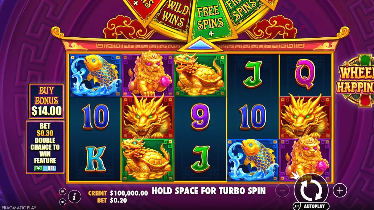 Tampilan visual slot Wheel of Happiness dengan simbol naga emas dan elemen oriental.